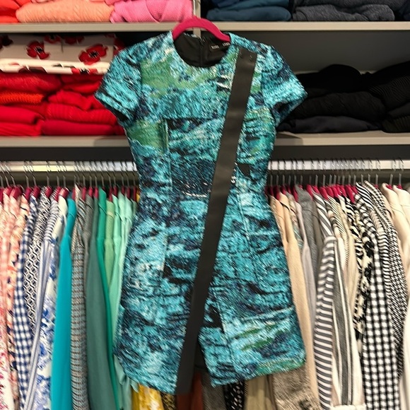 Proenza Schouler blue/green jacquard print and black leather mini dress size 0 - Picture 1 of 4